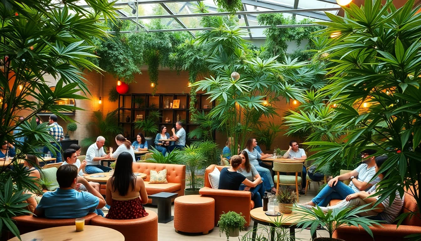Vibrant scene showcasing Meilleurs Clubs Cannabis Madrid with members enjoying relaxing atmosphere.