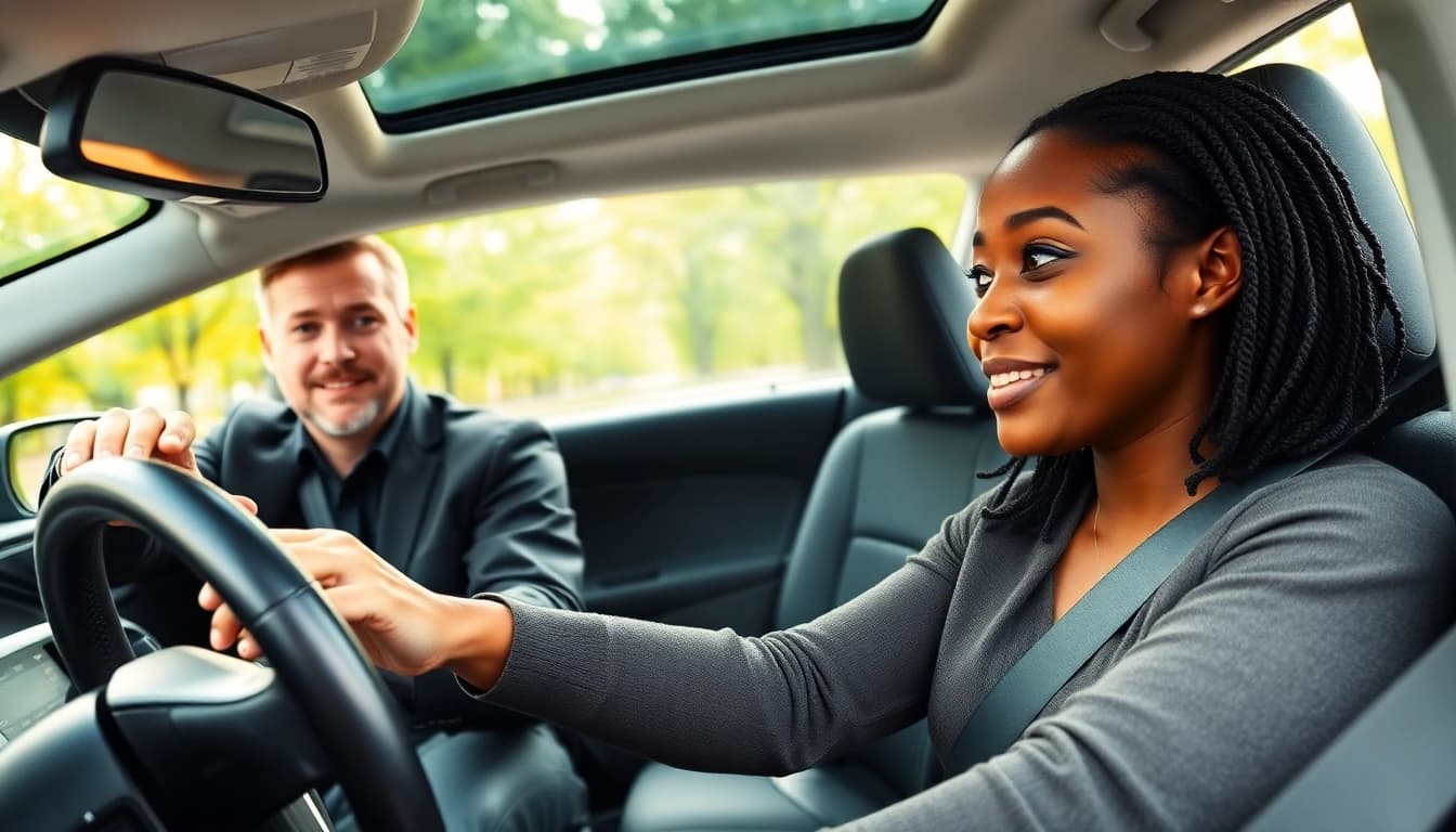 Engaged learner receiving automatic driving lessons Manchester in a modern car.