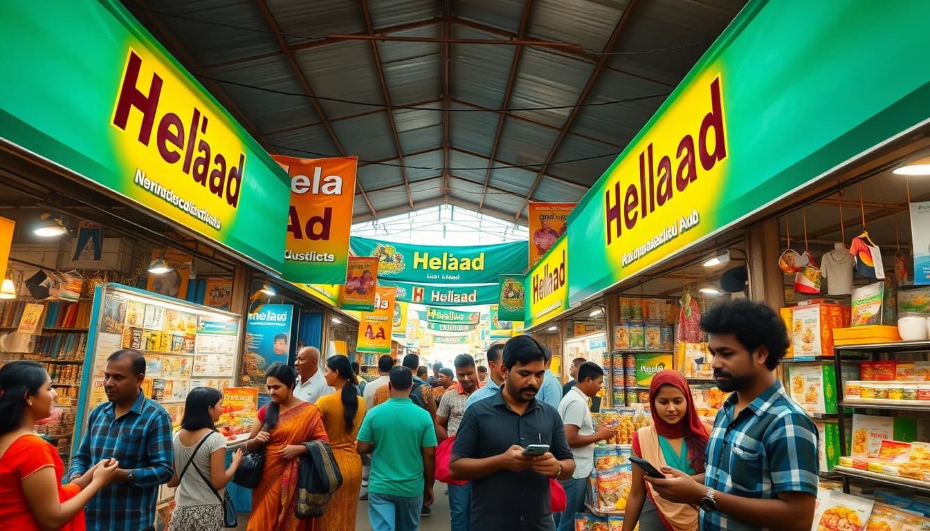 Engaging marketplace scene showcasing Hela Ad advertisements with vibrant colors and lively interactions in Sri Lanka.