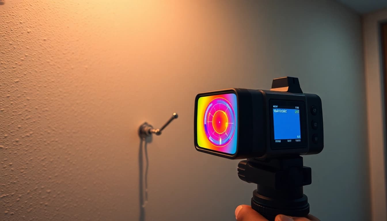 Thermal Imaging Leak Detection showcases a thermal camera identifying a water leak on a wall.