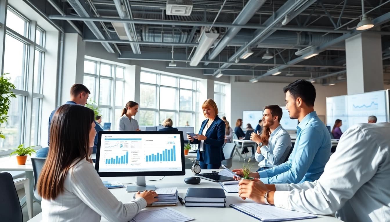 Logo e-arşiv software in a modern office with professionals collaborating on digital documents.