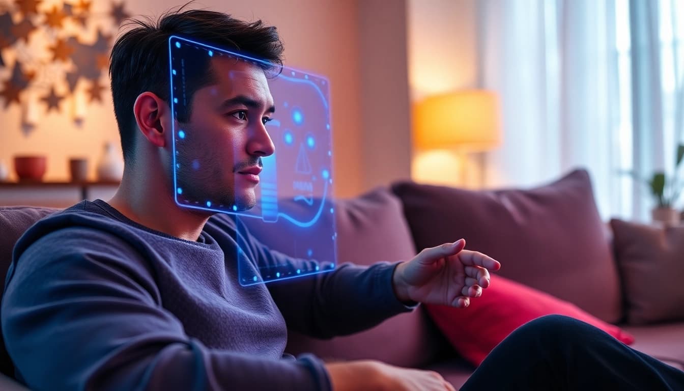 Interactive AI relationship visualization in a modern living room, focusing on sex ai applications.