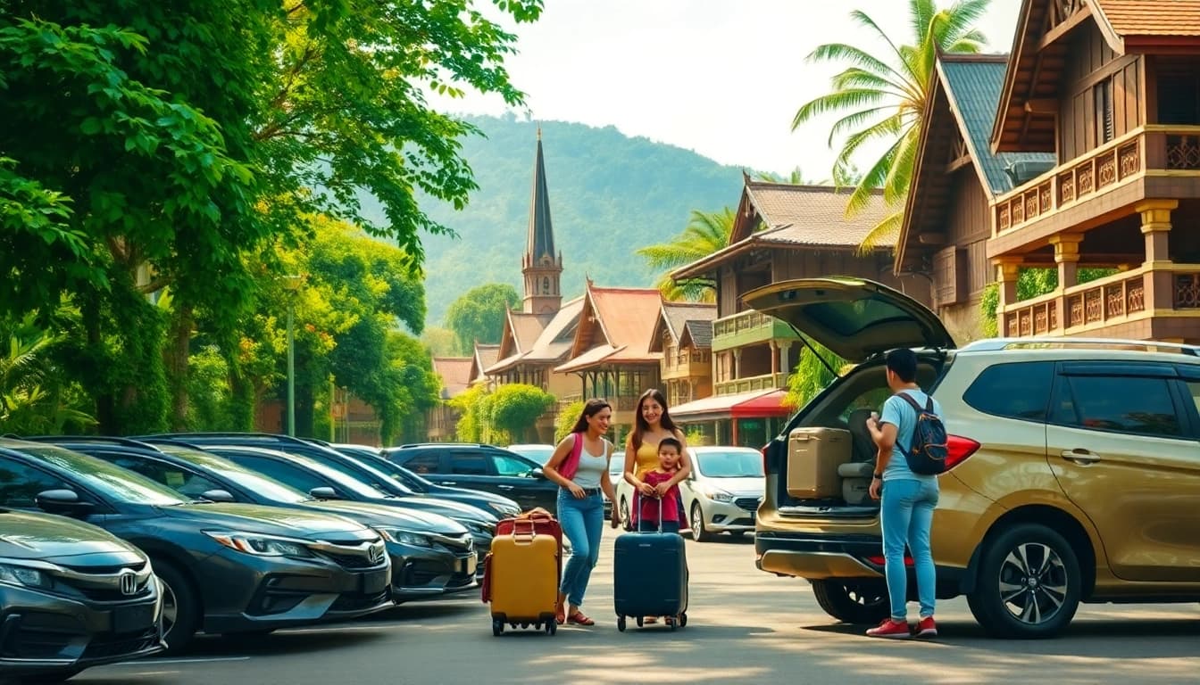 Car rental in Kuching Sarawak with scenic backdrop and family loading luggage.