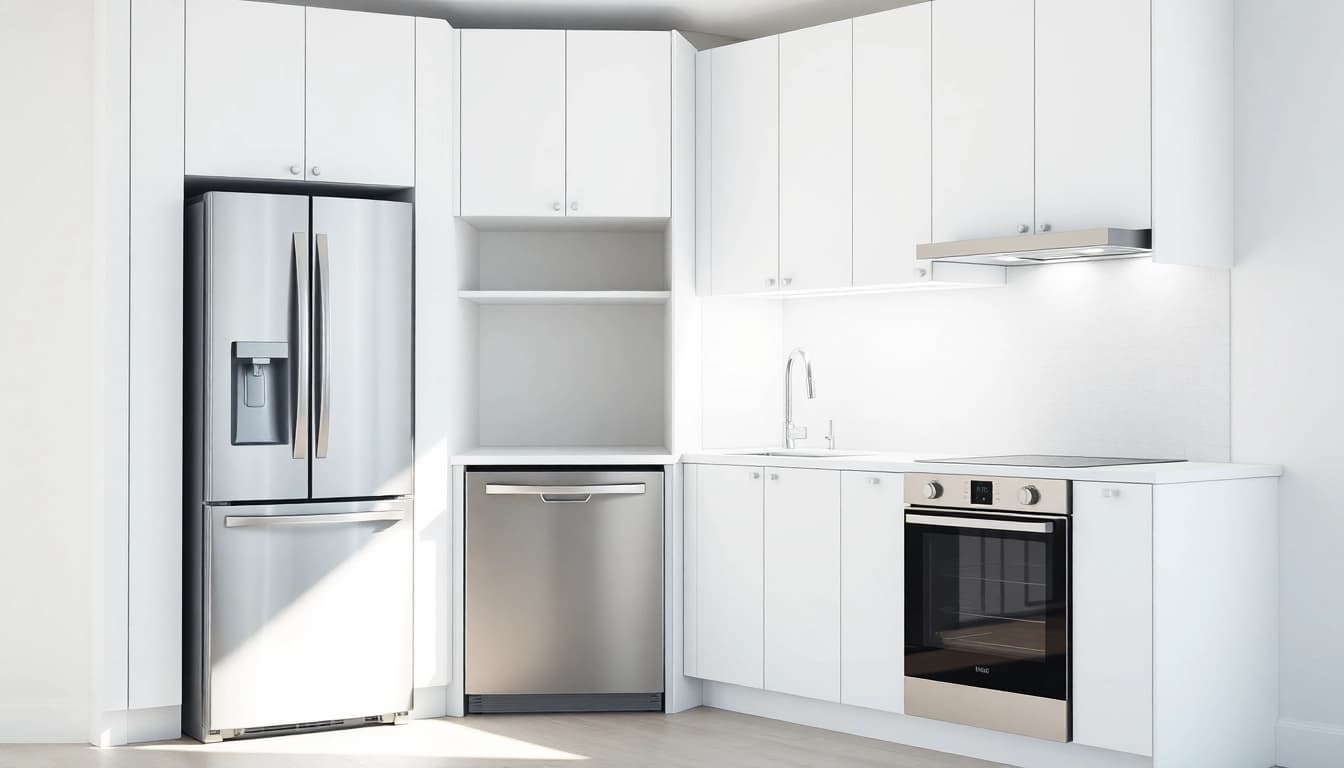Showcase уреди за вграждане in a stylish kitchen, featuring a modern built-in fridge and dishwasher highlighting practicality and elegance.