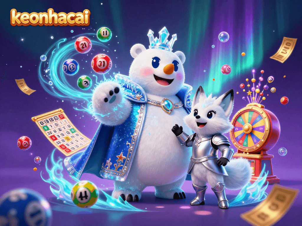 Engage players with keonhacai's dynamic lottery scene featuring a polar bear and a snow fox amid vibrant game elements.