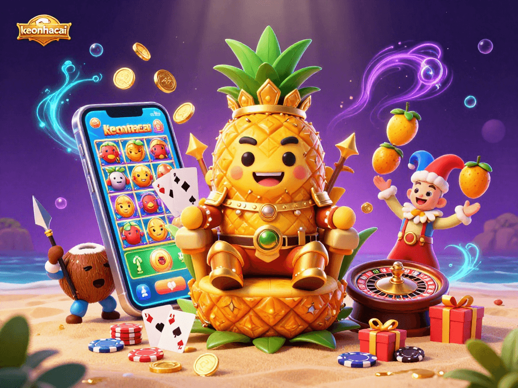 Engage with keonhacai on a vibrant beach casino featuring a pineapple king and tropical characters.
