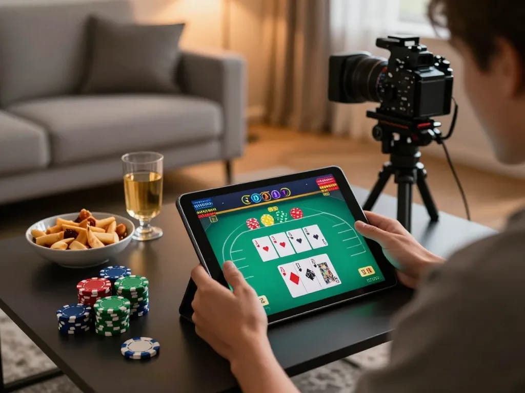 Person engaging with jun88 poker game on tablet in a cozy, stylish living room.