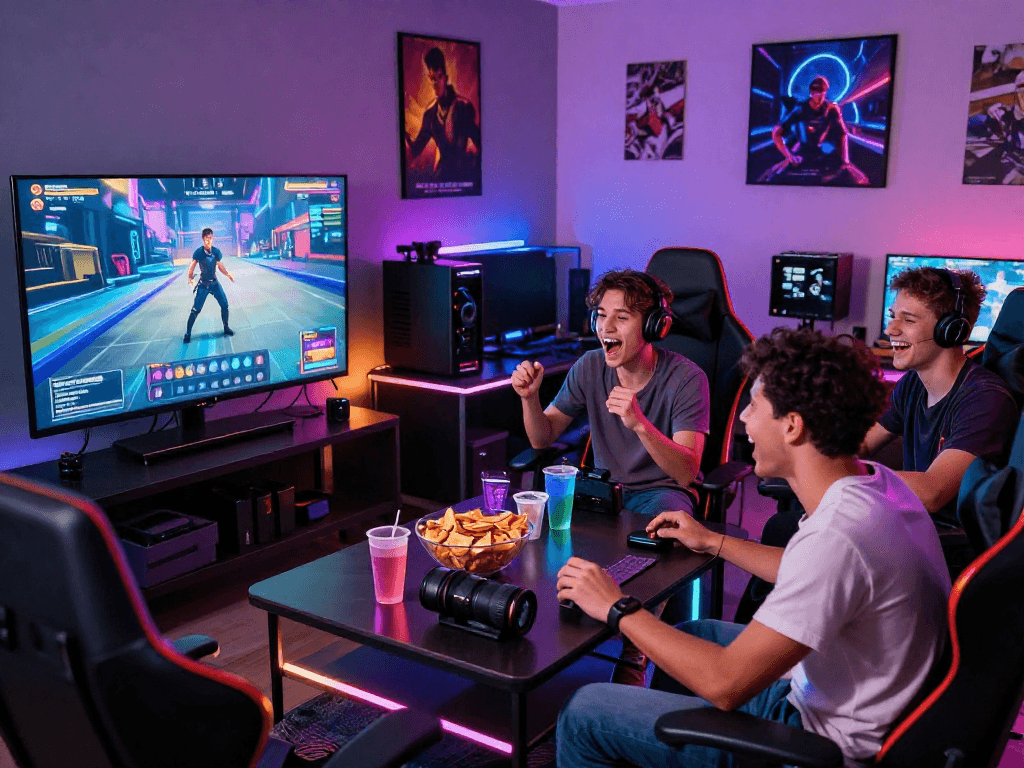 Friends enjoying exciting porn games together in a vibrant gaming room.