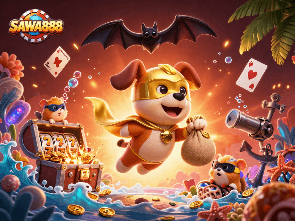 SAWA888 showcases a superhero dog and hamster in a vibrant 3D casino scene with dynamic gambling elements.