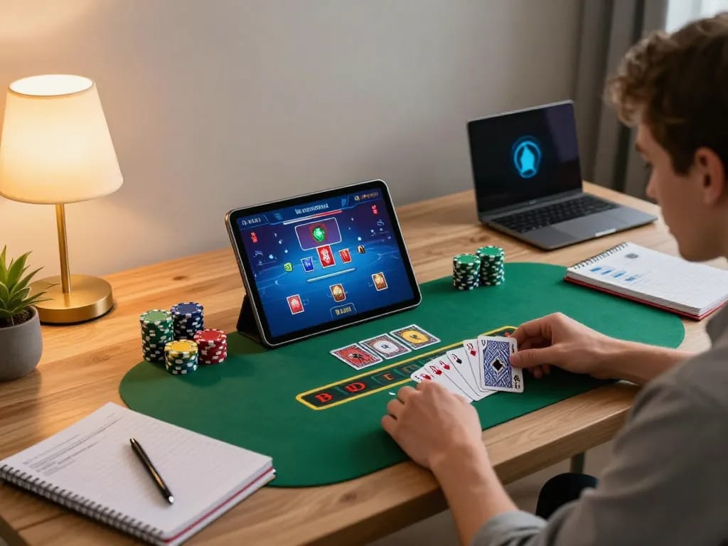 Player enjoying live dealer blackjack on LV88 tablet with a cozy home setting, enhancing online gambling experience
