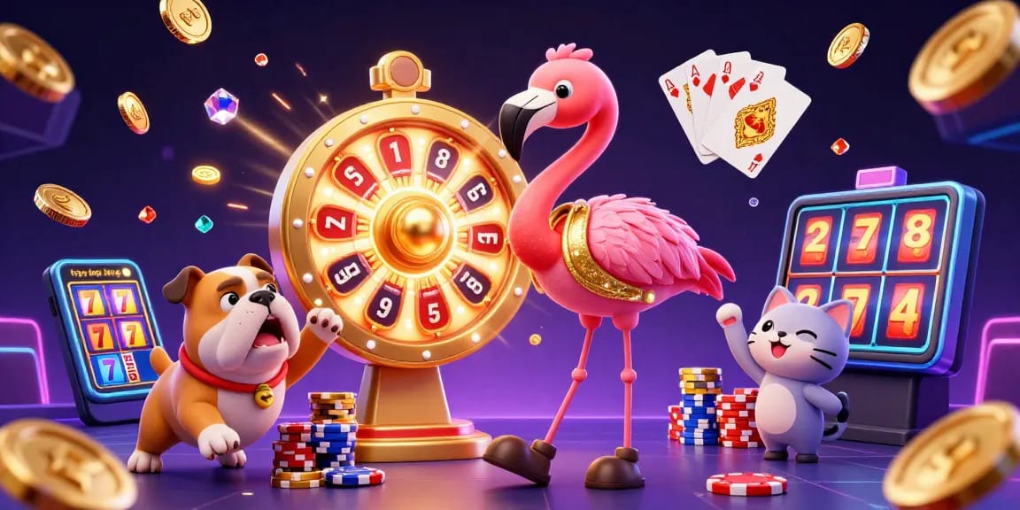 Experience trực tiếp bóng đá excitement with a vibrant 3D casino scene featuring a flamingo host and bulldog contestant.