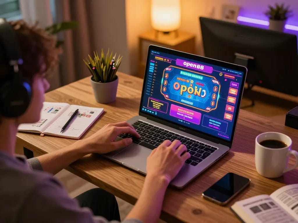 Player enjoying open88 online gaming experience on a laptop with colorful game visuals and cozy atmosphere