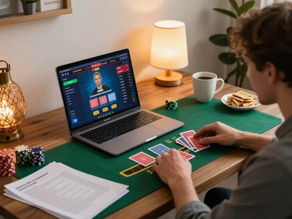 Player enjoying nk88 live blackjack in cozy home office setting, highlighting strategic gaming atmosphere.
