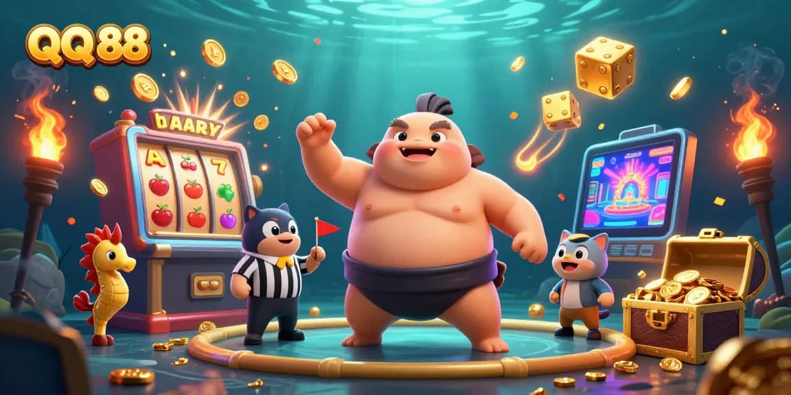 Experience the excitement of QQ 88 with an underwater casino scene featuring explosive jackpots and vibrant game elements.
