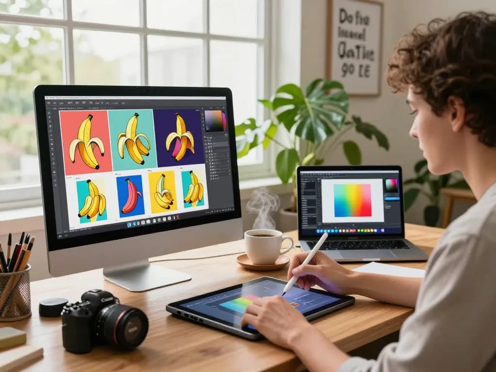 Artist harnessing the power of nano banana ai at a vibrant workspace with creative tools and natural light.