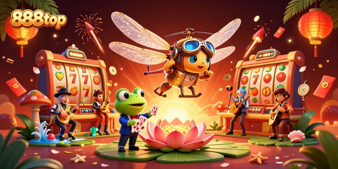 Experience thrilling gameplay at 888top with a vibrant casino scene featuring a dragonfly pilot and frog dealer.