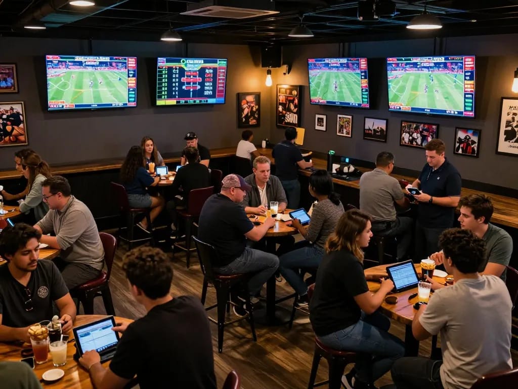 Fans engaging in windd sports betting at a lively bar while watching live games