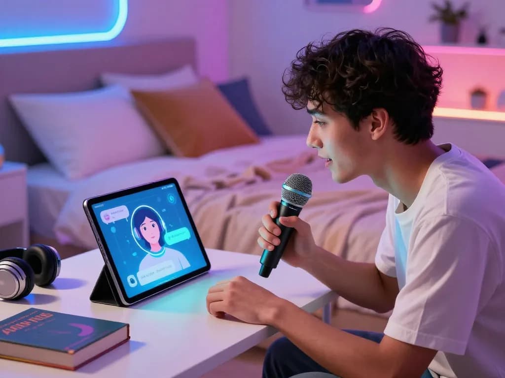 Engaging scene of a young adult chatting with a sex chat AI in a futuristic bedroom, showcasing modern tech ambiance.