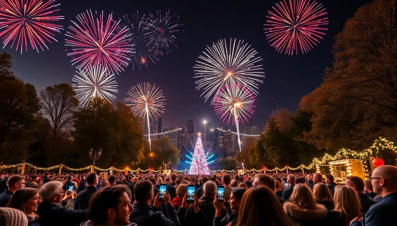 Experience stunning manchester fireworks dazzling the night sky over a festive crowd in the city park.