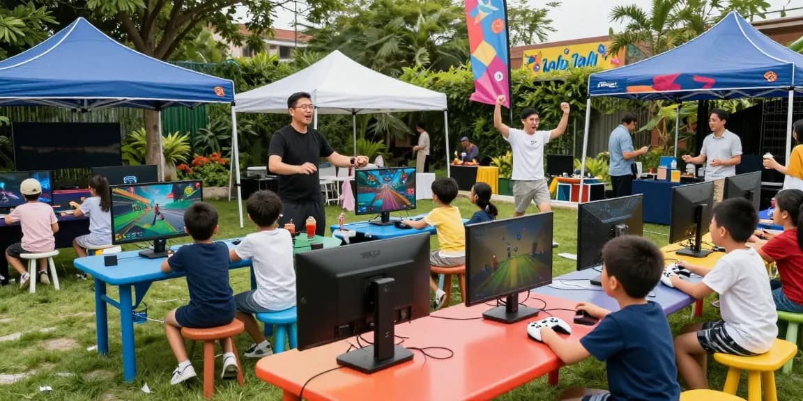 Gaming party London with kids enjoying competitive gaming under colorful tents in a vibrant garden atmosphere.