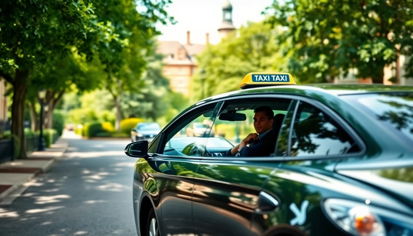Experience Pyrford's charm with a modern taxi assisting travelers in a scenic setting.