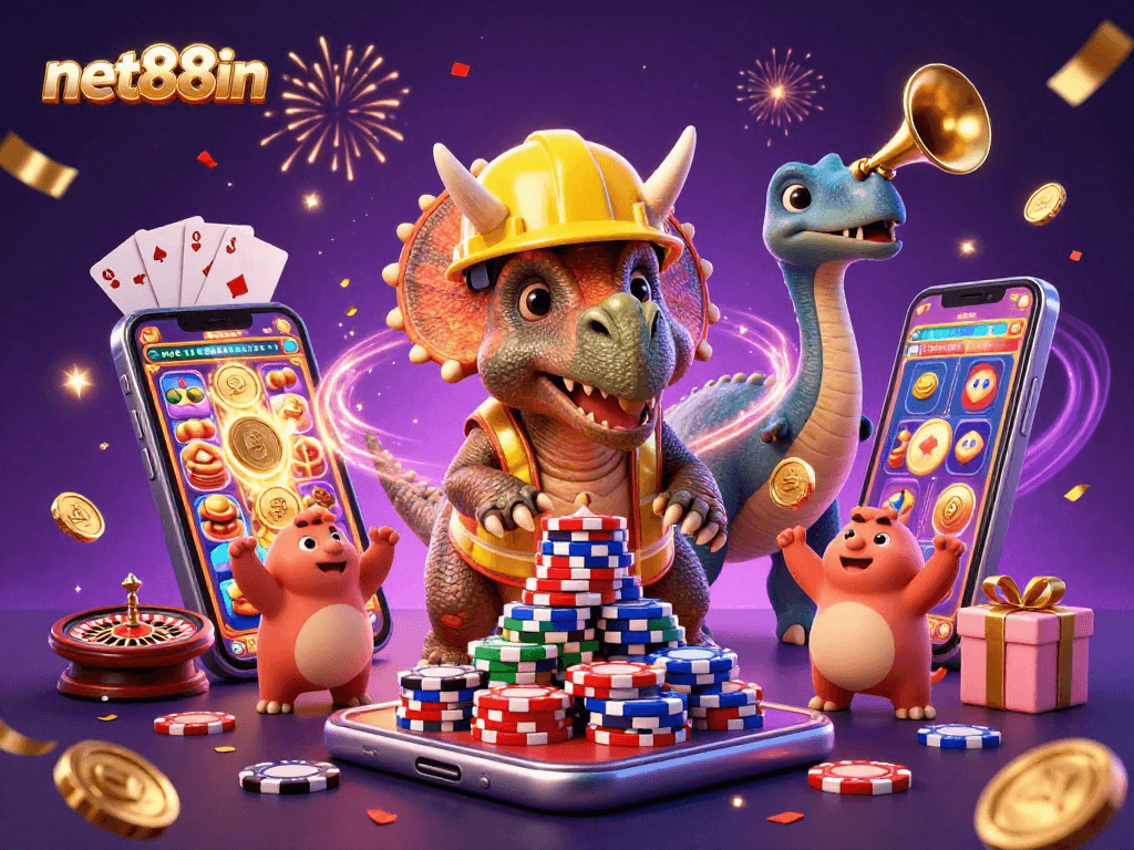 Build your luck with net88in as triceratops constructs poker chip pyramid amid gaming excitement.