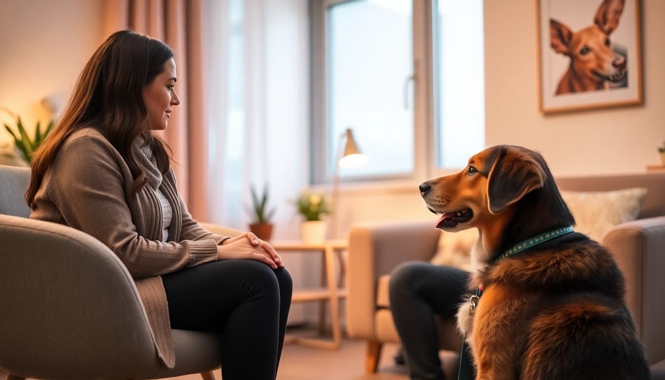Anxiety treatment Sydney with a psychologist and therapy dog creating a supportive environment.