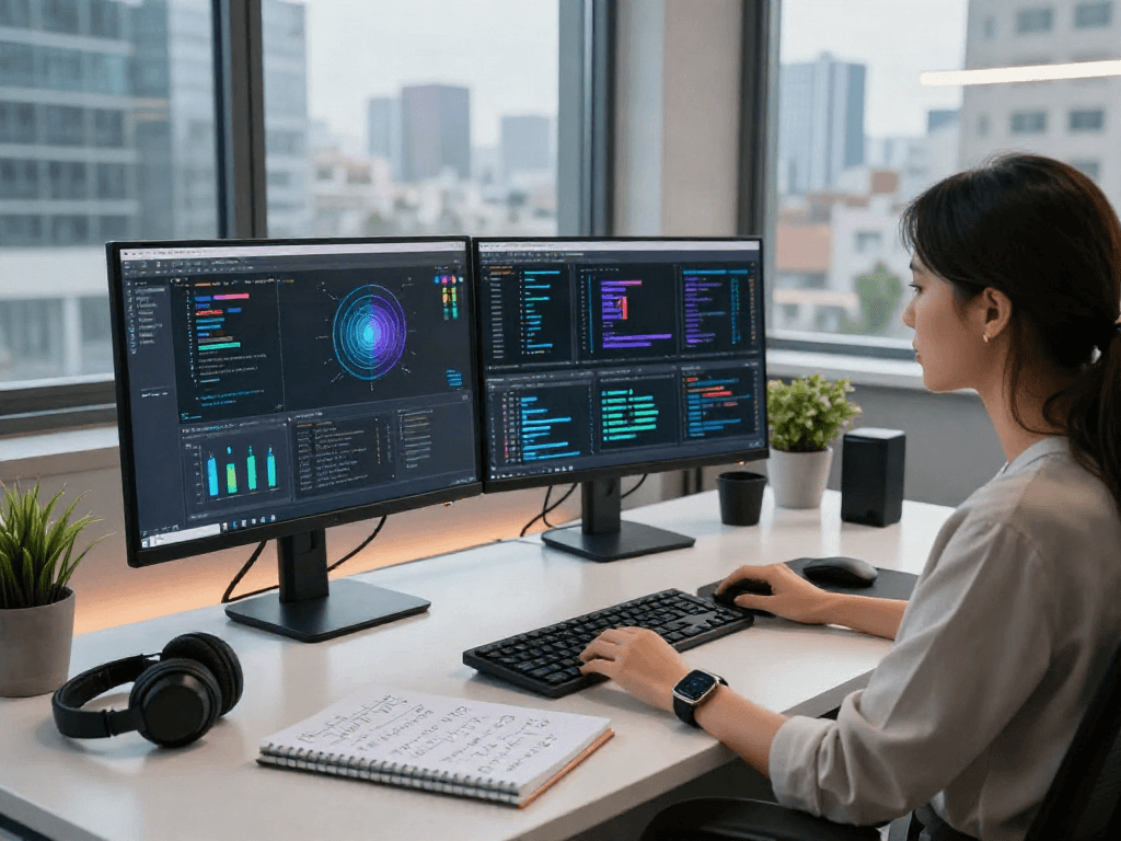 Juicy ai showcasing a woman coding in a modern AI workspace with data visualizations and a city view.