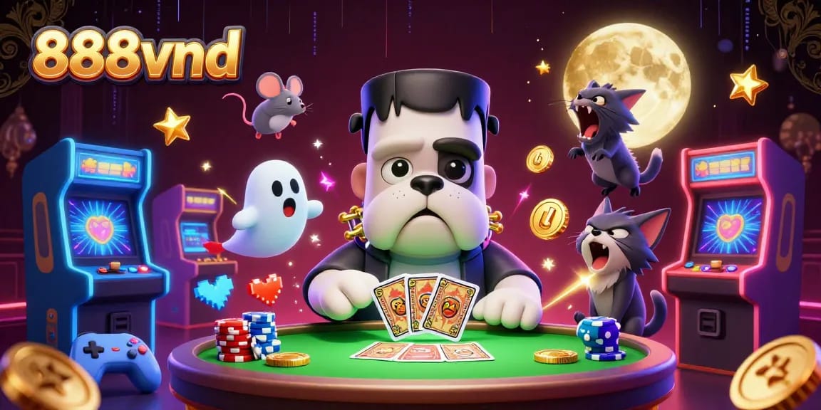 Experience thrilling gaming with 888vnd in a lively 3D casino scene featuring playful characters.