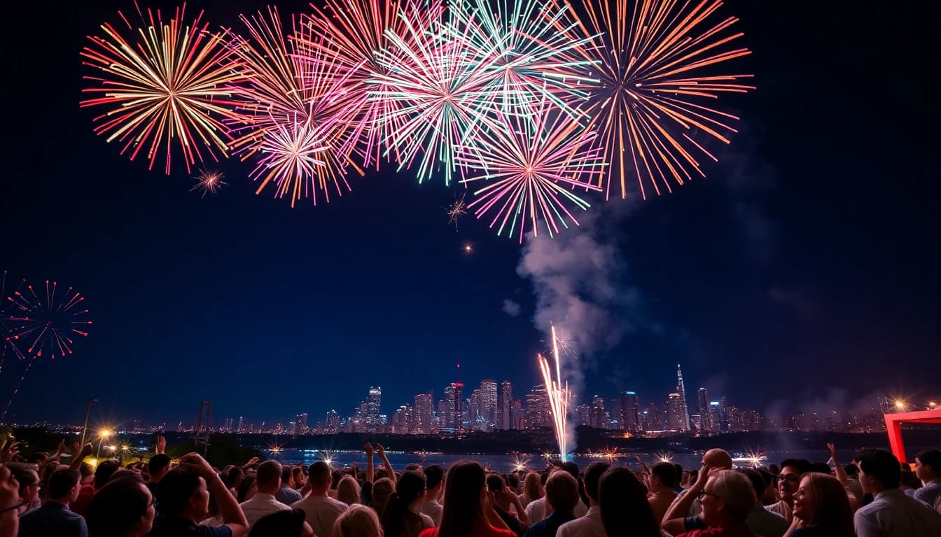 Spectacular display of wholesale fireworks illuminating the night sky above a vibrant crowd.