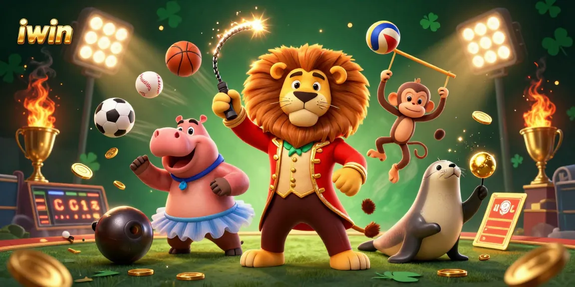 Engage with iwin's vibrant circus-themed casino showcase featuring animated characters and sports elements.