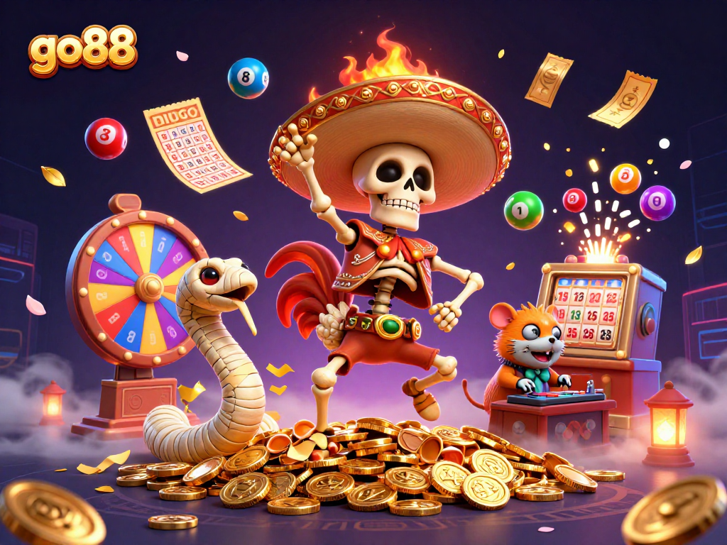 Experience thrilling moments with go88 as the mariachi rooster celebrates amidst golden coins and dynamic lottery elements.