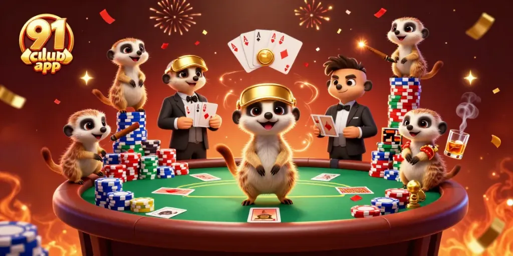 Engage with the 91 club app for exhilarating gameplay featuring clever meerkats in a vibrant casino scene.