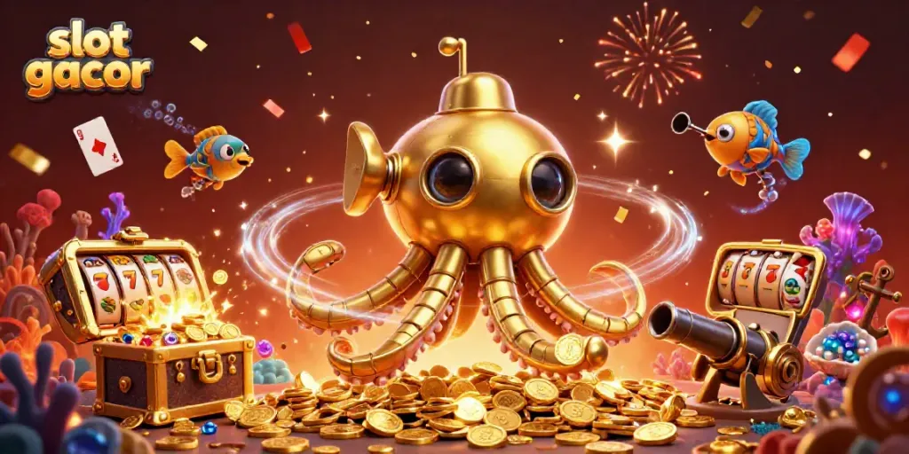 Experience the thrill of slot gacor gaming with a golden kraken submarine amidst gold coins and slot reels.