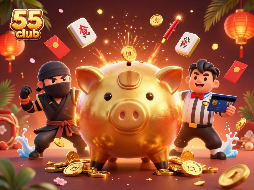 Engage with action at 55 club featuring a gold piggy bank and ninja amidst a celebratory casino scene.