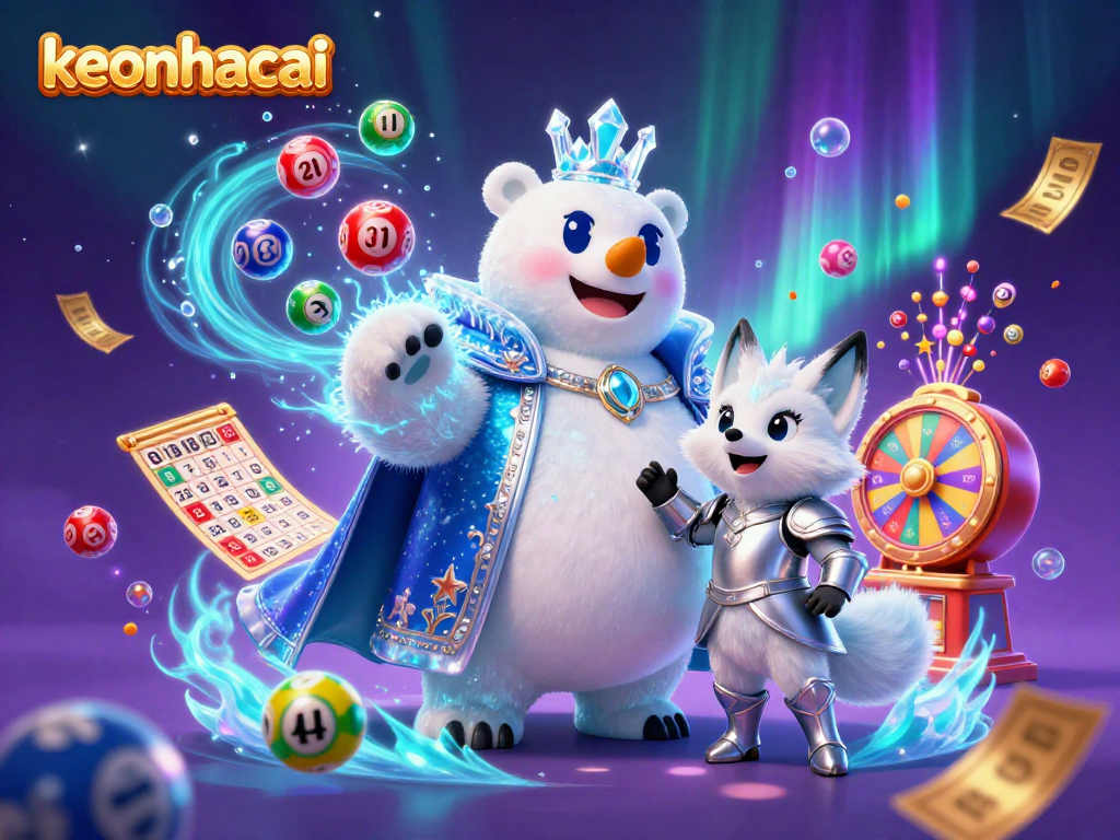 Engage players with keonhacai's dynamic lottery scene featuring a polar bear and a snow fox amid vibrant game elements.