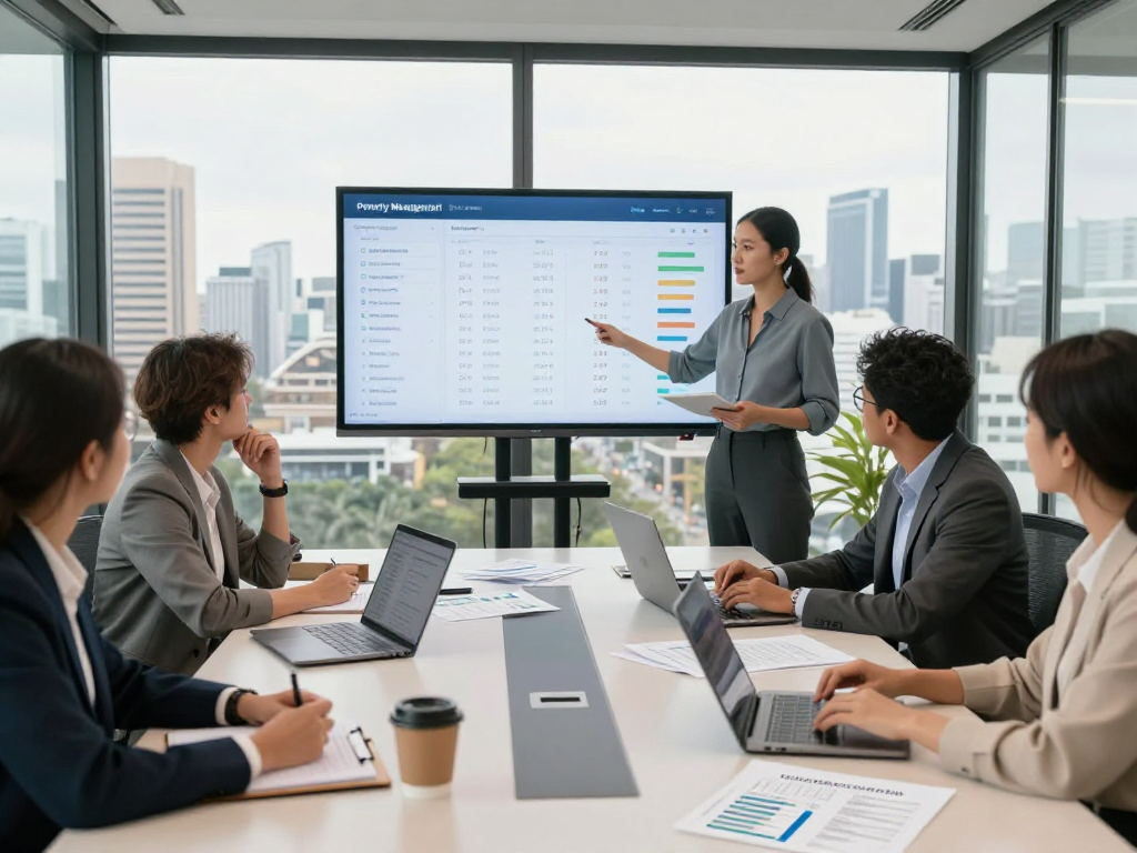 Property management services Sydney team collaborating in a modern office with analytics and property reports.