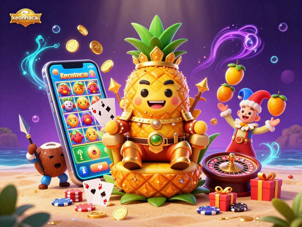 Engage with keonhacai on a vibrant beach casino featuring a pineapple king and tropical characters.