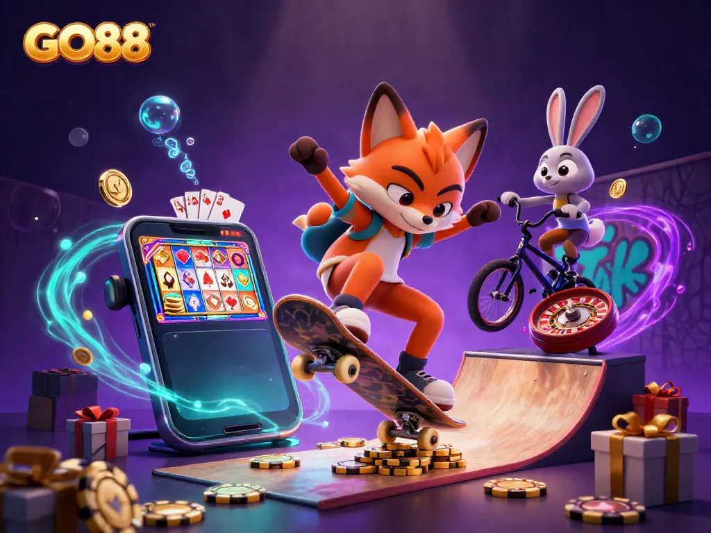 Experience the thrill of GO88 with vibrant casino elements, featuring a skateboarder fox in this playful 3D illustration.