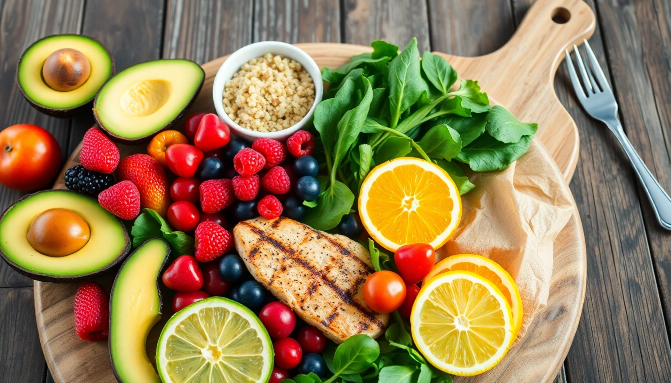 Prepare a colorful healthy food spread featuring fresh fruits and vegetables for a nutritious meal.