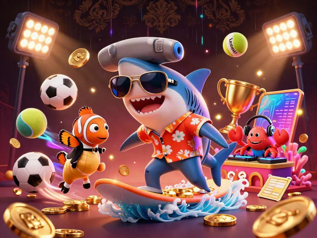 Experience thrilling gameplay at w188 with a vibrant scene of a shark surfing on gold coins, surrounded by energetic sports elements.