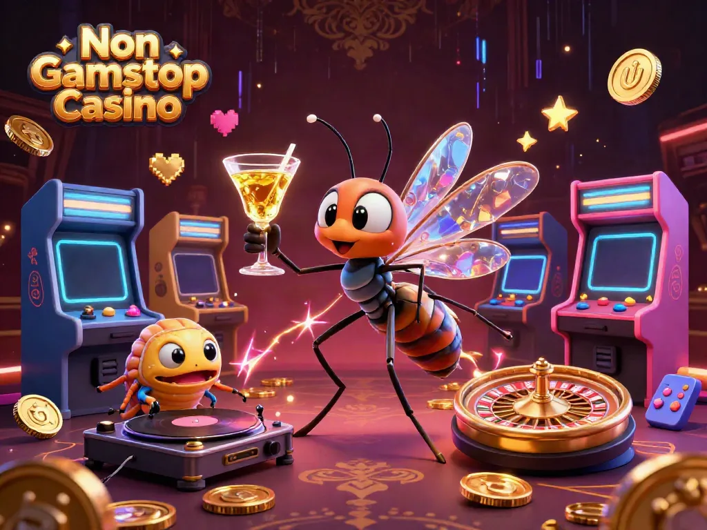 Experience the thrill of a Non Gamstop Casino with a vibrant 3D illustration featuring a unique casino mascot.