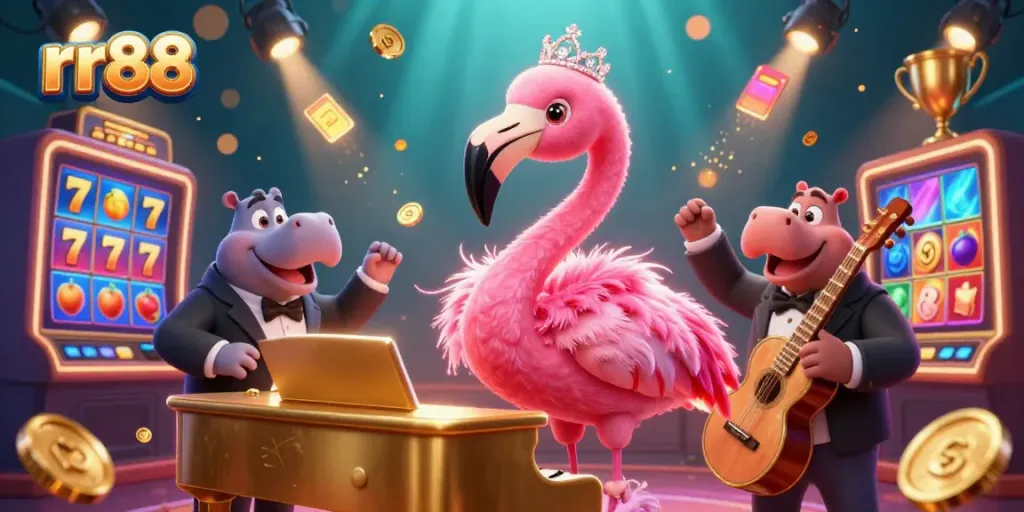 Join the fun at rr88 as the flamingo singer and hippo bassist perform in a vibrant casino scene.