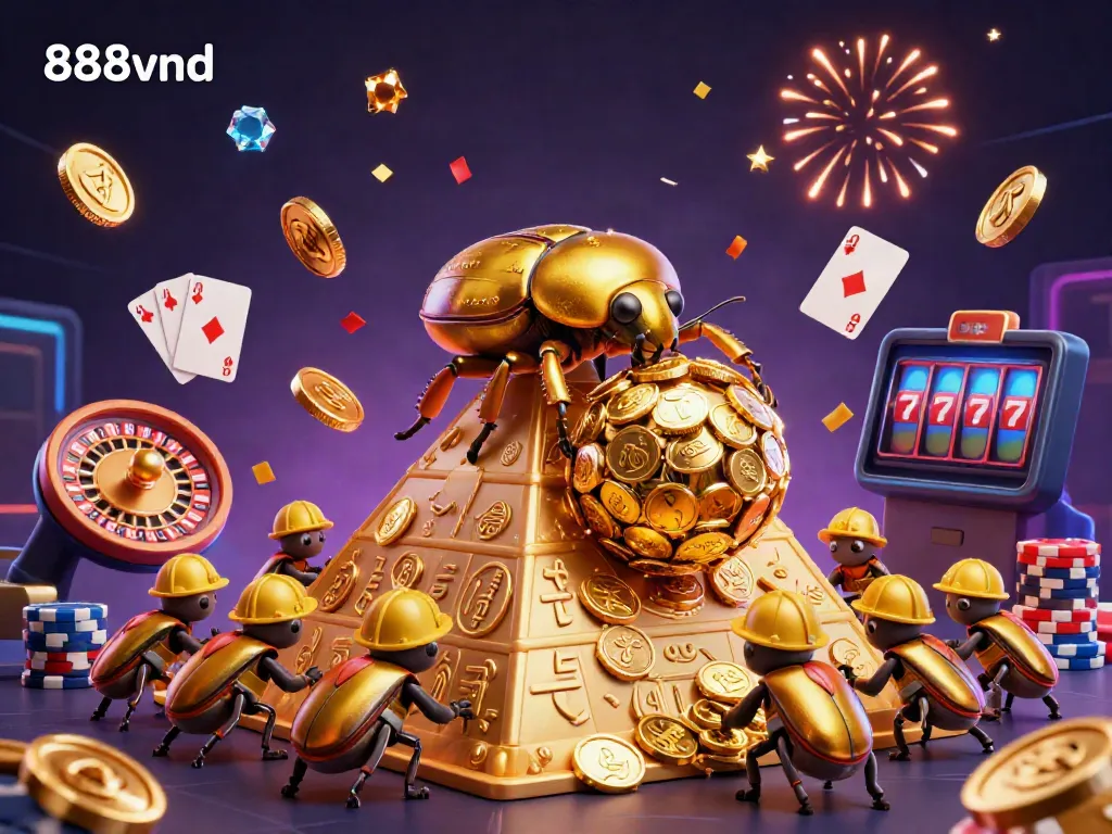 Experience the excitement of 888vnd's casino universe with a golden dung beetle scene filled with coins and slots.