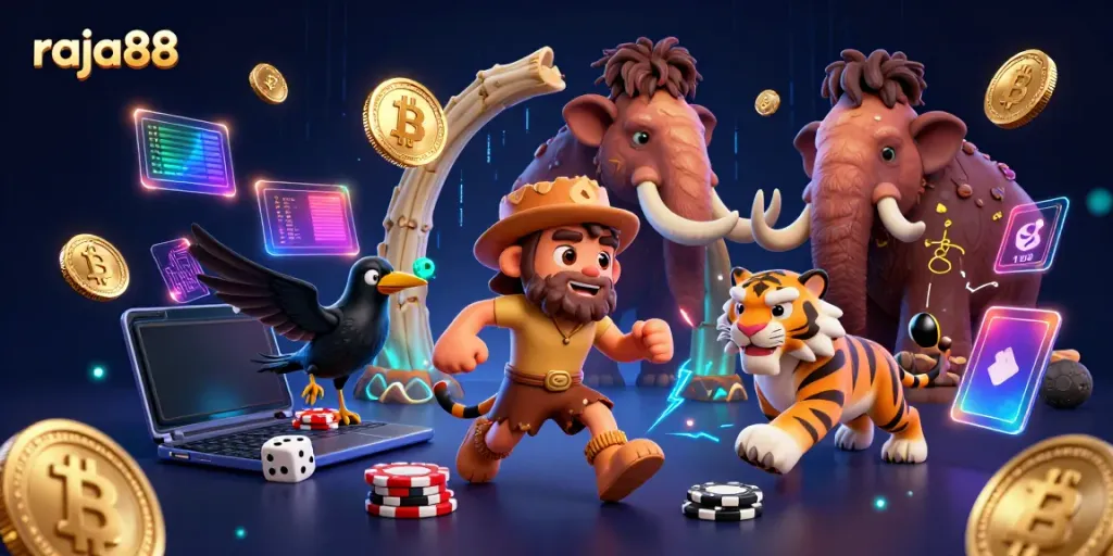 Experience gaming thrills with raja88's dynamic prehistoric casino featuring playful characters and crypto elements.