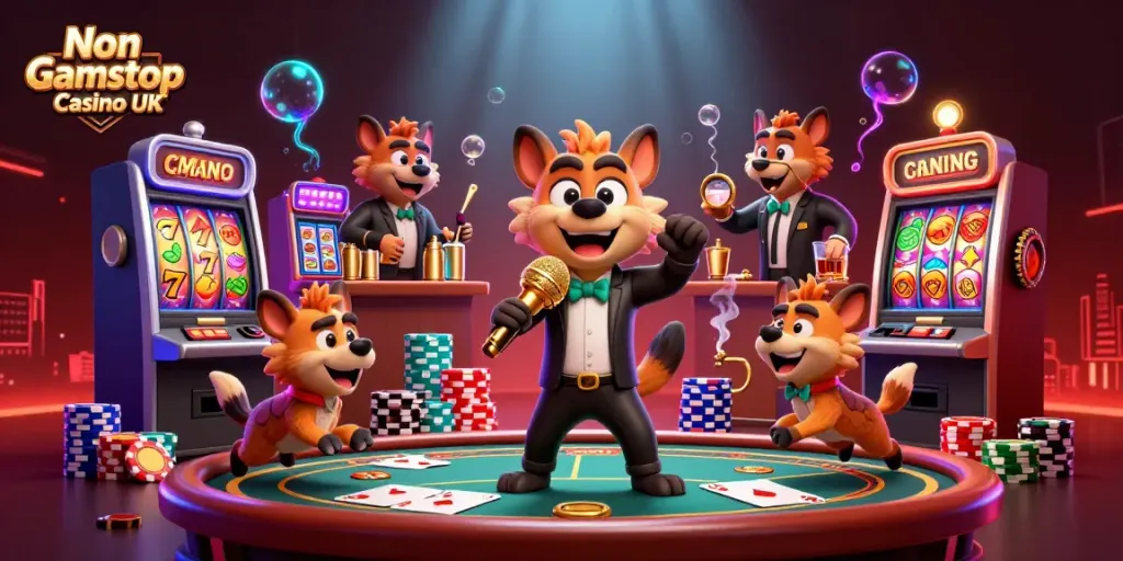 Engage in the vibrant atmosphere of Non Gamstop Casino UK with hyena characters, poker chips, and slot machines.