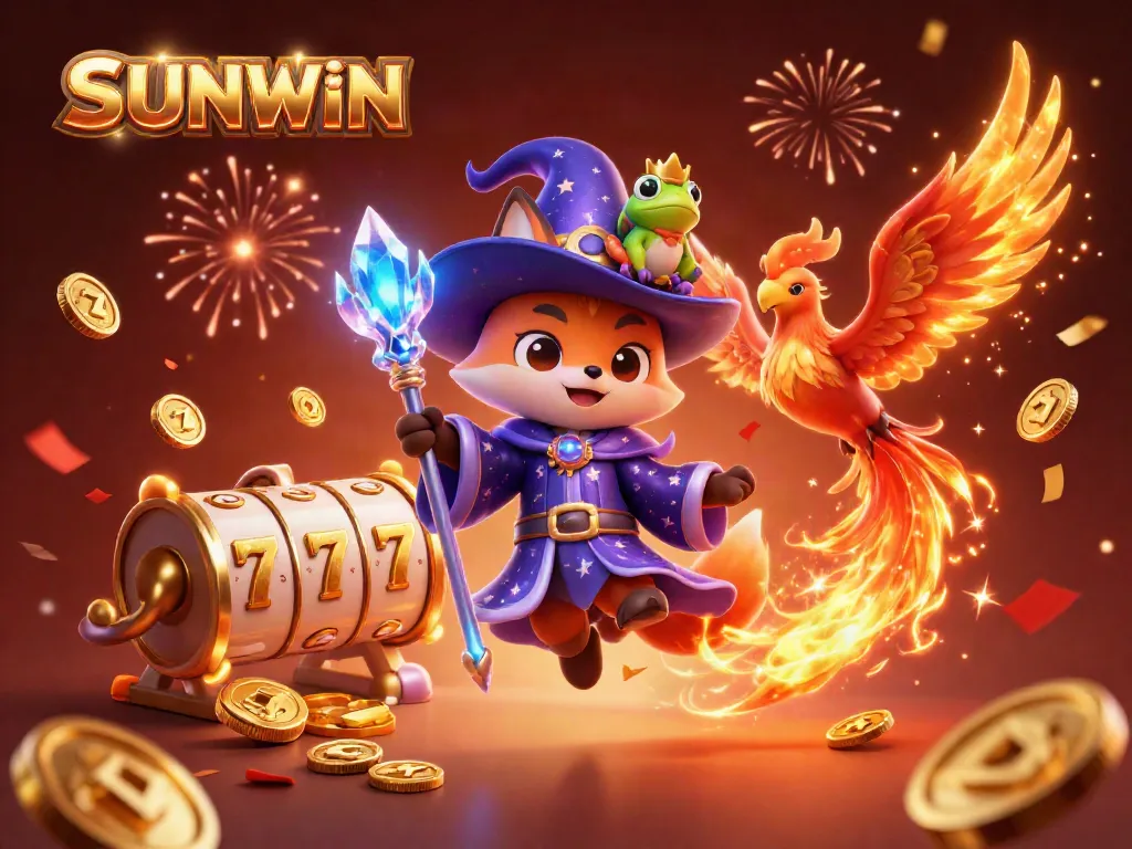 Experience the magic of SUNWIN with a mystical wizard fox, phoenix, and vibrant casino elements.