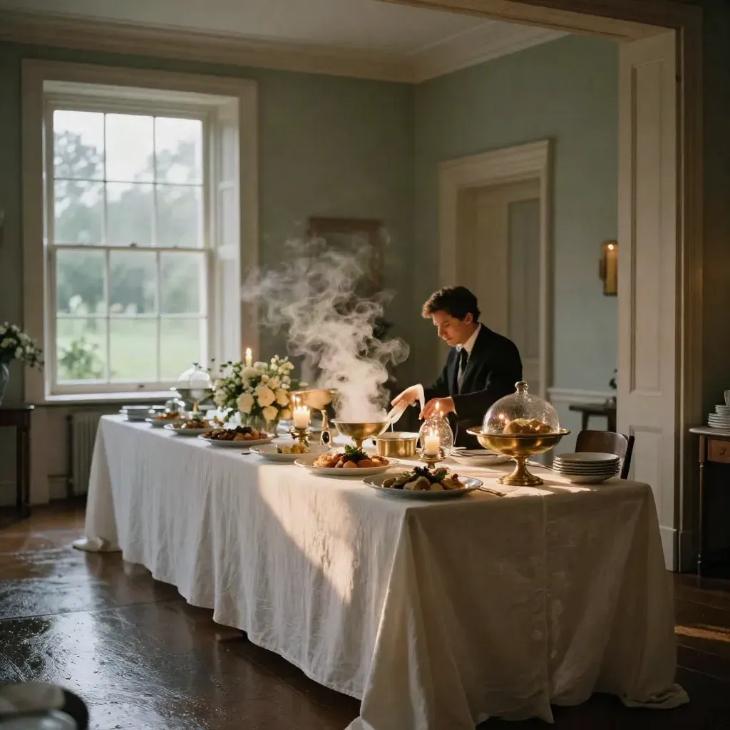 Wedding banquet setup in a pale oak manor room with brass chafers, candles, florals and steam.