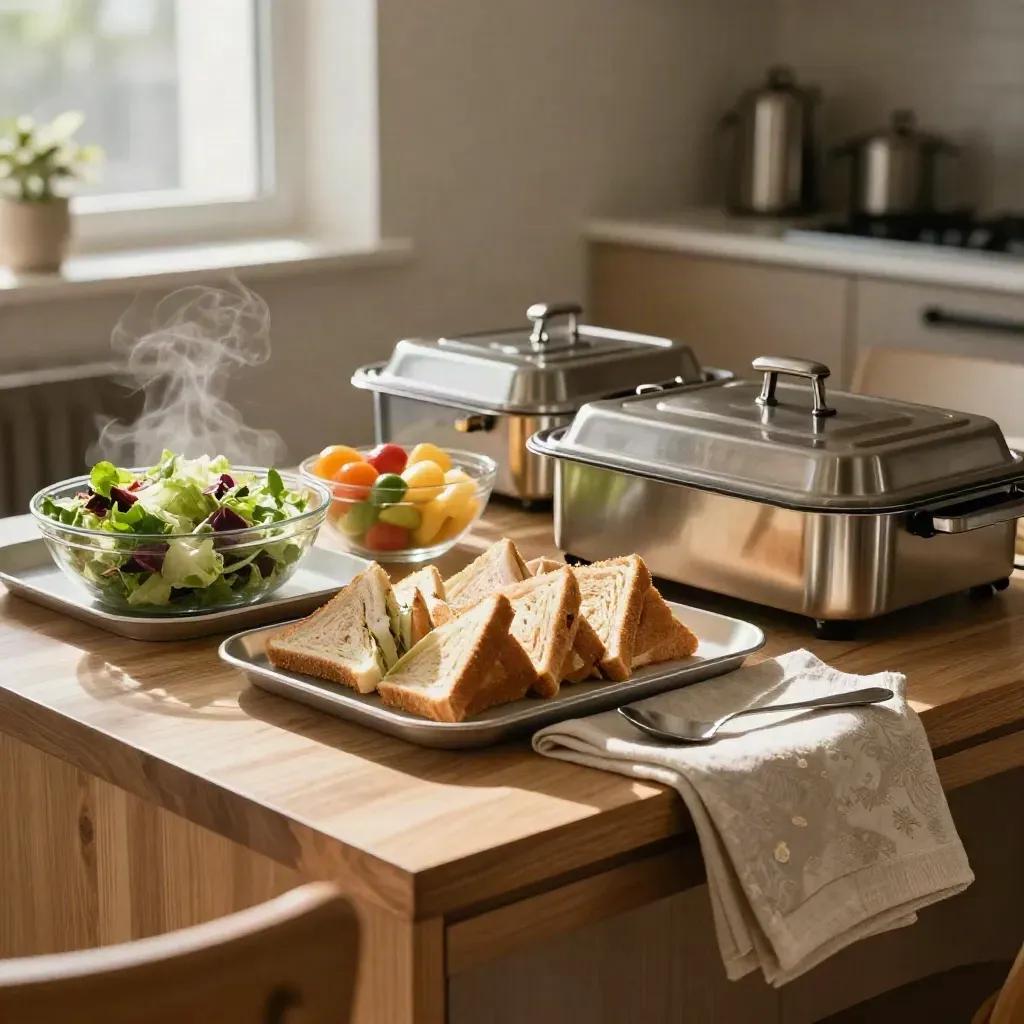 Steaming office lunch spread with trays, salad bowls, sandwiches, fruit, and metal lids on oak