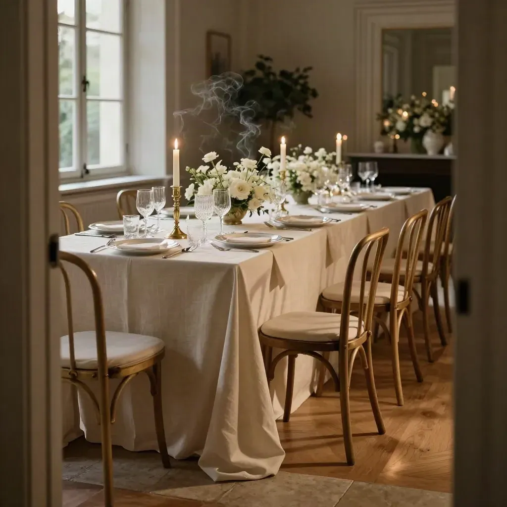 Cream-lined wedding dining room set with brass candles, white flowers, steaming plated mains and glassware.